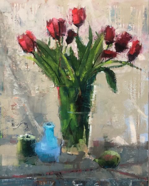 tulips ltbluevessel oil 30x24in 8115 tulips ltbluevessel oil 30x24in 8115