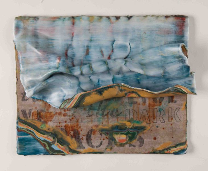 dark spaces. encaustic relief over rusted paper and graphite text.0.5 x3.5 x.5 dark spaces. encaustic relief over rusted paper and graphite text.0.5 x3.5 x.5
