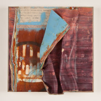 roberts camello love and war 14.5x14x4 encaustic relief over old letter rusted paper graphite and ink
