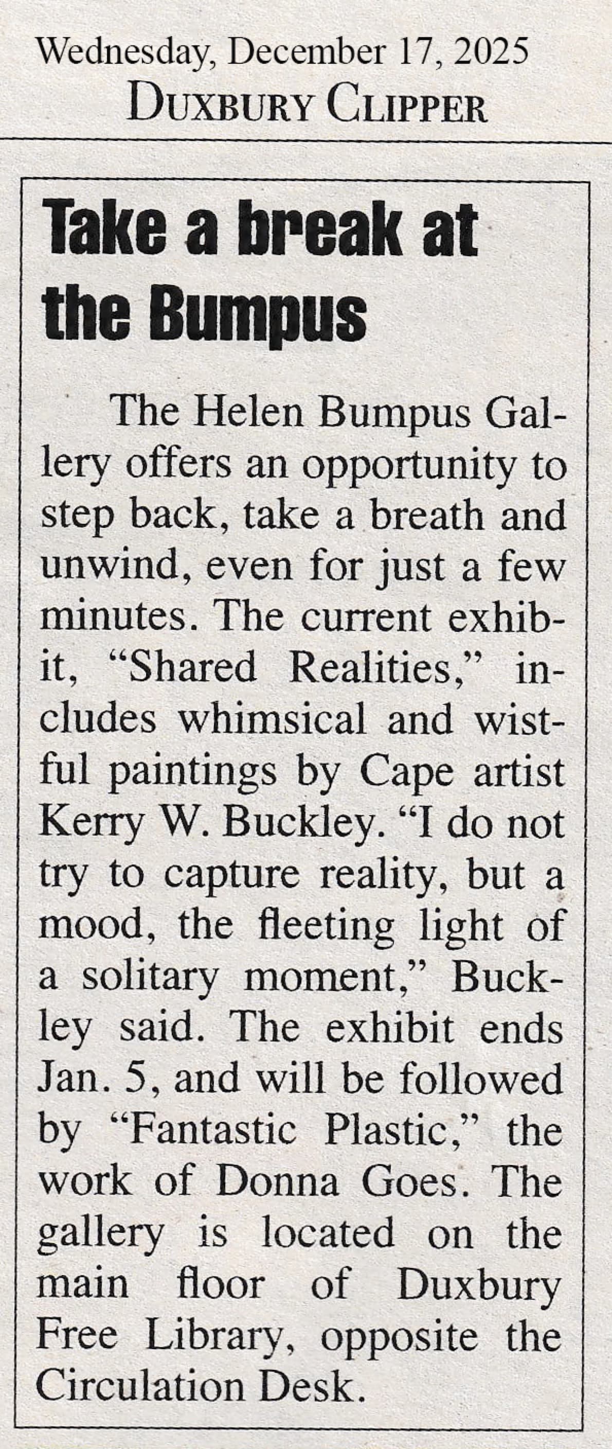 Take a break at the Bumpus Duxbury Clipper Article